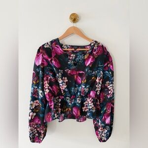 Express Floral Peplum Blouse in Black with Pink & Blue Flowers